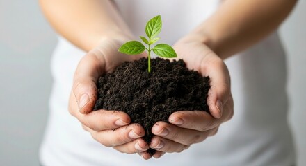 Nurturing new life with care, hands gently holding fertile soil and a vibrant green sprout, symbolizing growth, sustainability, and environmental responsibility for a better future