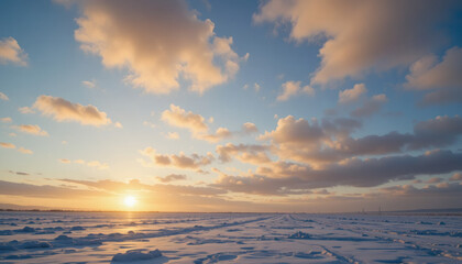A golden hour winter sky with soft clouds and icy terrain