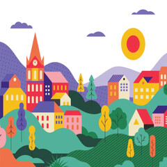 Colorful City Landscape Vector Illustration, Modern Flat Urban Scene with Buildings and Nature