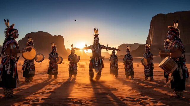 Native American Dancers Perform at Sunset in Desert Landscape.