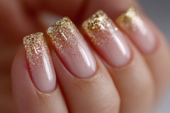 Elegant glitter ombre nail design showcasing a blend of gold and nude tones, perfect for special occasions or everyday elegance