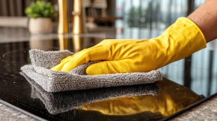 Hand in yellow glove cleaning a kitchen stovetop with a cloth in a modern indoor setting