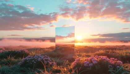 Large mirror in a flower field reflecting the sunrise sky with warm golden light.