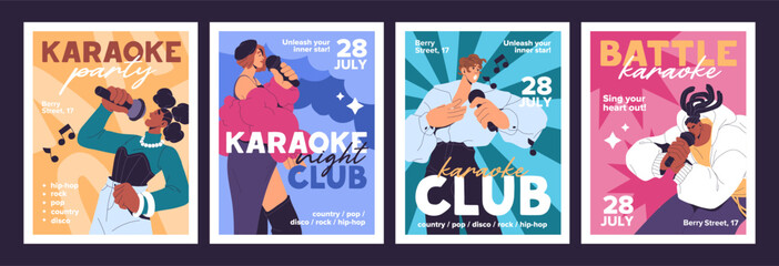 Designs of karaoke event poster set. Advertising templates of singers' performance with mic in club. Promotion layouts with people singing songs with microphones on stage. Flat vector illustrations.