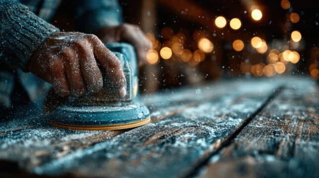 Craftsman uses a power sander on rustic wooden surface in workshop with warm lighting during evening hours