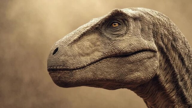 Close-up of a dinosaur head, resembling a velociraptor with brown, scaly skin and a yellow eye.