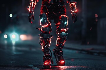 Cyberpunk mercenary walking on a street at night wearing exoskeleton legs with red neon lights