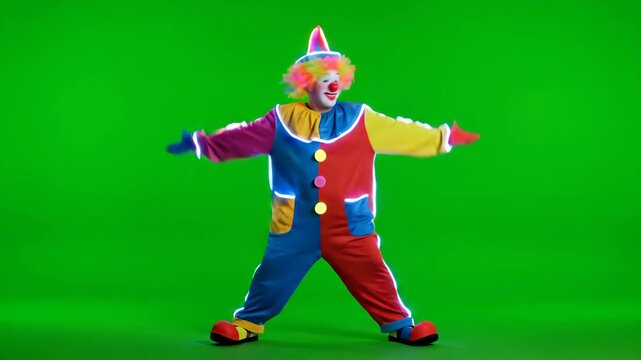 Colorful Clown Dancing on Green Screen - A vibrant clown in a colorful costume is dancing in front of a green screen.
