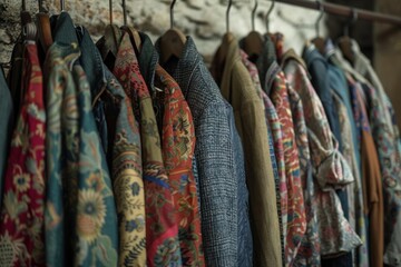 Many different vintage clothes hanging on a rack in a store, creating a vibrant display of colors and patterns