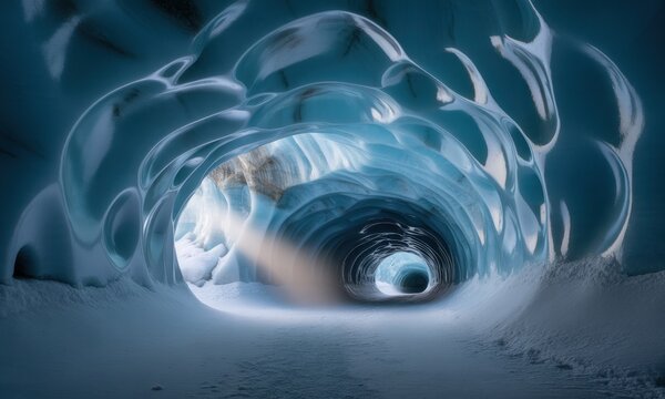 An icy, blue cave interior with a light beam leading toward the exit