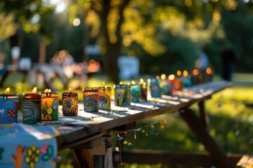 Many small painted candles burning on a long wooden table during an outdoor celebration in a park