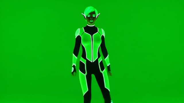 Neon Elf on Green Screen - A futuristic neon elf character is shown in a shuffle move pose against a green chroma key background. The elf is dressed in a black and green suit with glowing accents.