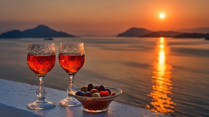 Savoring a romantic sunset with chilled rosé wine and olives overlooking the tranquil sea, creating an unforgettable evening escape.