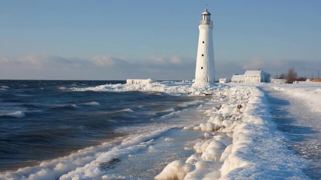 A white lighthouse rises on a snow-covered shoreline, with an icy path along the coast and a calm blue sea under a clear sky.