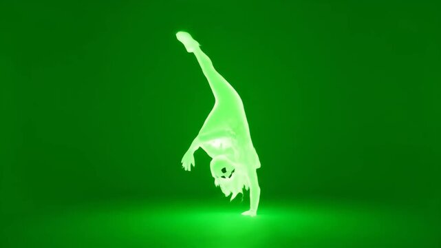 Neon Ghost Breakdancing on Green Background - A glowing neon ghost figure performing a breakdancing move against a vibrant green chroma key background.