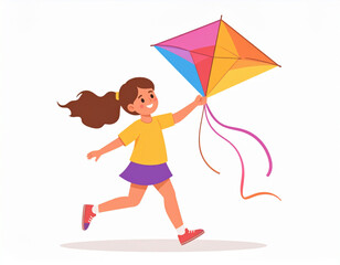 A child holding and running with a kite, flat colorful style, clean shapes
