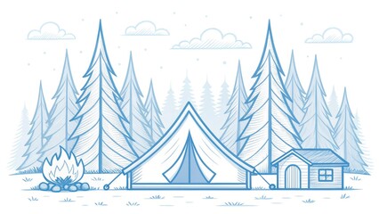Obraz premium Camping in the woods with a tent, cabin, and campfire scene