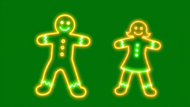 Neon Gingerbread Duo on Green Background - A neon style illustration featuring two gingerbread characters, a male and a female.