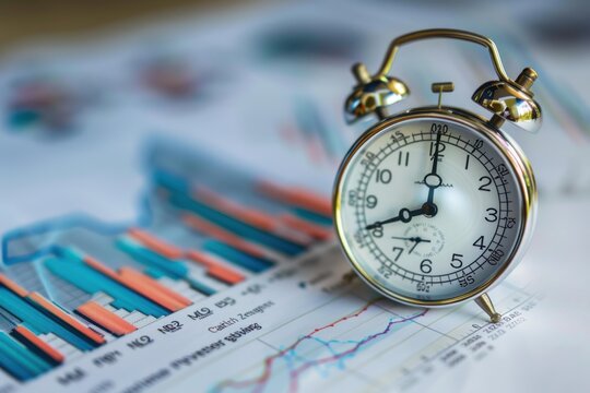 Silver alarm clock placed on financial charts representing time management, deadlines, and business planning