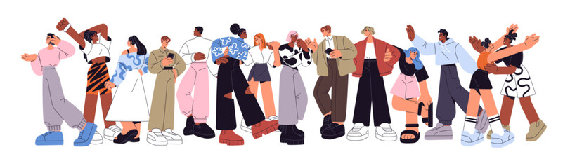 Happy greeting people on banner. Friends group stands together, hug. Multiethnic team holds hands, talks, supports. Social network, international community. Flat isolated vector illustration on white.