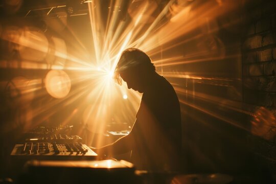Silhouette of a dj mixing music on a turntable in a nightclub, illuminated by bright backlight