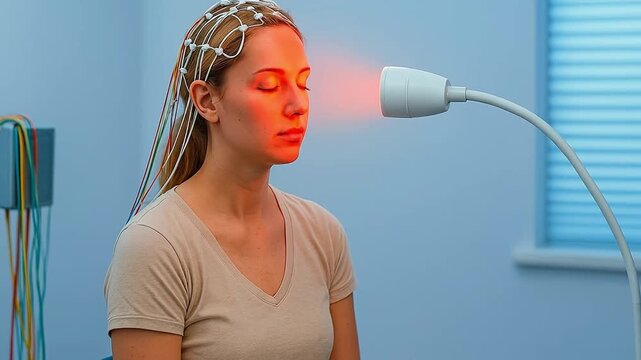 Woman with EEG Cap and Red Light Therapy for Brain Health and Cognitive Enhancement in a Modern Clinical Setting