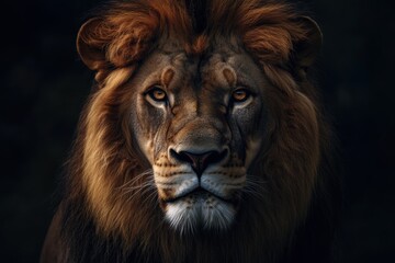 Naklejka premium Majestic lion stares directly at the camera with fierce eyes in a dark setting, showcasing its magnificent mane and powerful presence