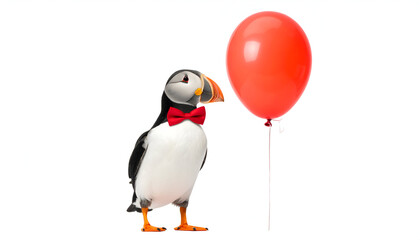 Fototapeta premium A sophisticated Atlantic puffin, adorned with a festive red bow tie, stands gracefully next to a vibrant red balloon, ready to celebrate a happy occasion, isolated on white
