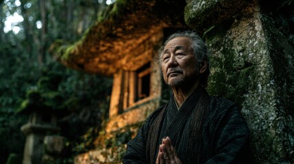Elderly man in traditional clothing offers a prayer at a moss-covered shrine in a serene forest during dusk