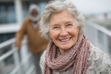 Happy elderly woman smiling while standing on a balcony during a cloudy day with a blurred person in the background