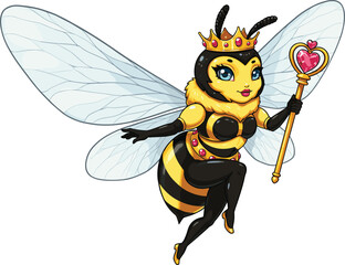 Cartoon queen bee with crown and magic wand, cute insect mascot, flying bee character, fantasy fairy design, beautiful wings, royalty, illustration for kids