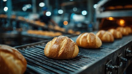 Freshly baked bread rolls cooling on a production line in a busy bakery during early morning hours