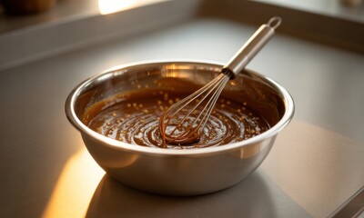 Close-up of a stainless steel bowl filled with brown mixture and a whisk