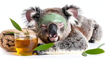 Adorable koala wearing a soothing green tea face mask and resting on bamboo, studio shot