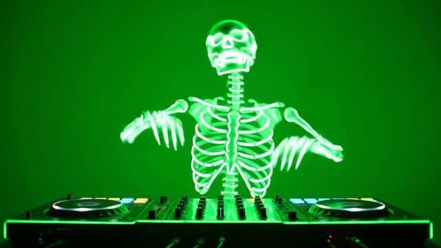 Neon Skeleton DJ on Green Background - A glowing neon skeleton is seen DJing, controlling a mixing deck against a vibrant green backdrop. The video is perfect for Halloween or music-related themes.