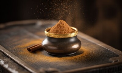 Obraz premium Close-up shot of a small gold-rimmed bowl overflowing with brown powder, on a wooden surface