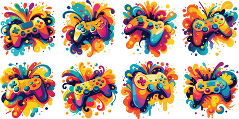 Vibrant video game controller with colorful abstract paint splatters