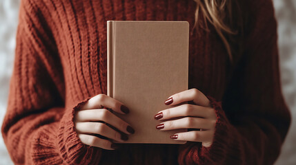 Hands holding a blank beige hardcover book, cozy red sweater, burgundy nails. Perfect for showcasing book covers, journaling, or creative writing ideas.