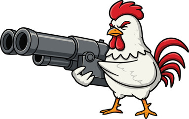Cartoon chicken holding big gun, funny angry rooster, armed poultry character, humor illustration, farm animal parody, comic bird, weapon, aggressive hen drawing