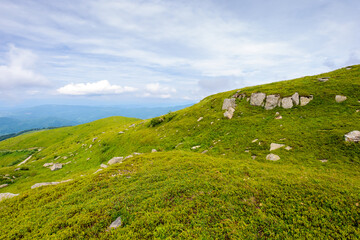 breathtaking mountain landscape with massive rocks on alpine meadow in summer. beautiful nature of carpathian alps. dramatic scenery with hills and green slopes under overcast sky. outdoor adventure