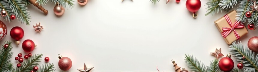 Obraz premium Christmas decorations and gifts arranged in a square frame on a white background
