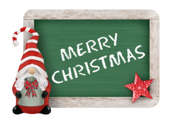 Merry Christmas and decoration with gnome and green board isolated on transparent background PNG cut out