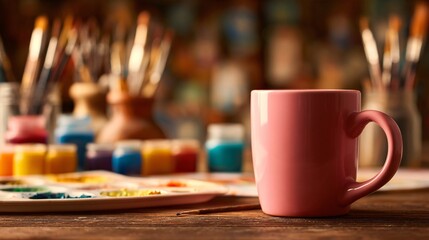Creative inspiration flows with a warm drink beside art supplies, brushes, and vibrant paints on a rustic wooden table.