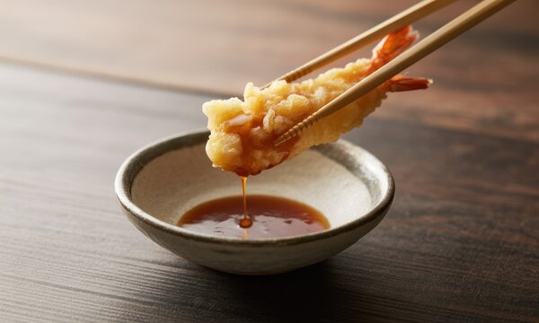 Crispy tempura shrimp held by chopsticks, dipping into savory sauce over a wooden surface - Powered by Adobe