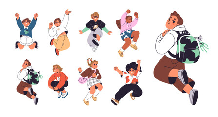 Happy children jumping for joy set. Cute kids have fun, leap in air and hands up. Little girls and boys rejoice in success, celebrate winning. Flat isolated vector illustrations on white background.