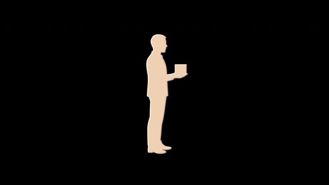 Businessman holding a gift transforming into digital data on black background
