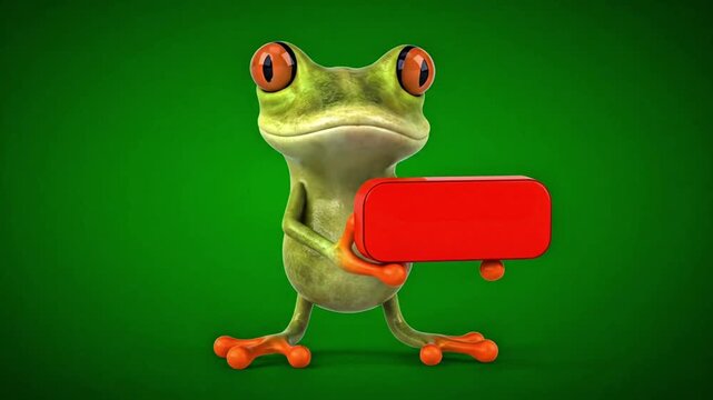Funny green frog holding red rectangle sign on green background
