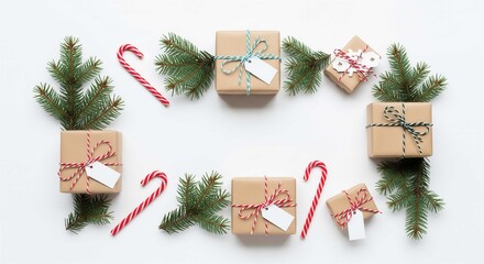 Festive Holiday Gift Boxes with Candy Canes and Evergreen Branches