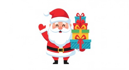 Cheerful Santa Claus Holding Colorful Presents and Waving Hello