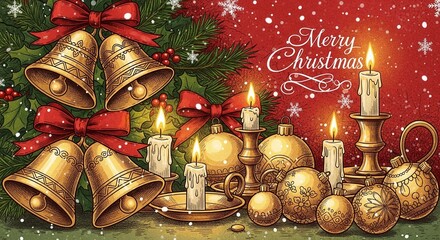 Ornate Christmas Decorations with Bells, Candles, and Ornaments